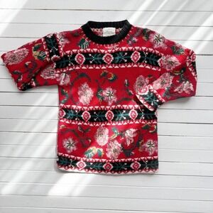 vtg Express black red pink floral hand knit sweater size S